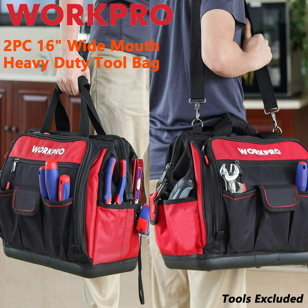 WORKPRO 2PCS 16″ Wide Mouth Heavy Duty Tool Bag Storage Tool Tote w/Outer Pocket