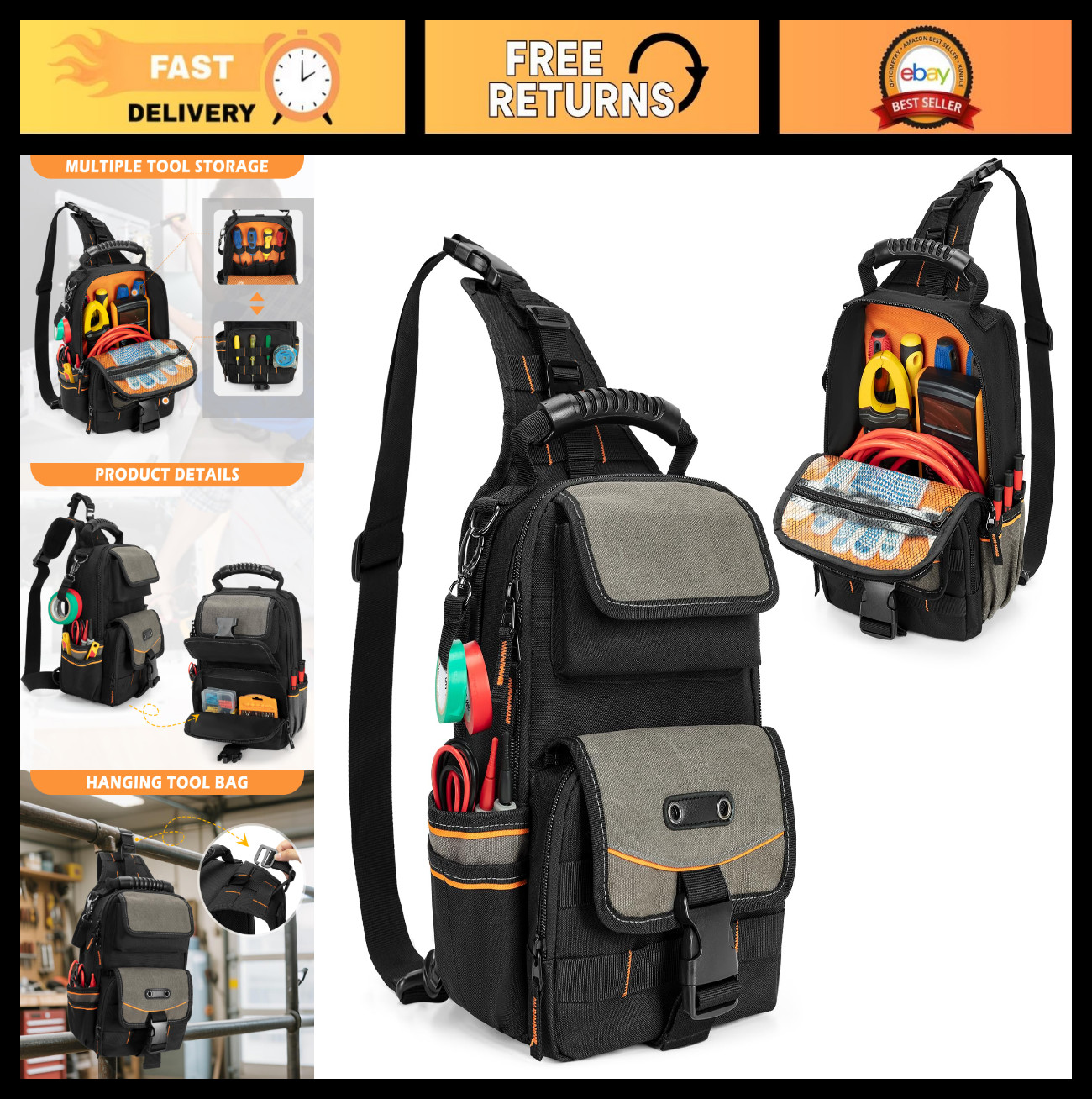 Heavy-Duty Electrician Tool Pouch Bag | Zippered HVAC Organizer, Ergonomic Handl