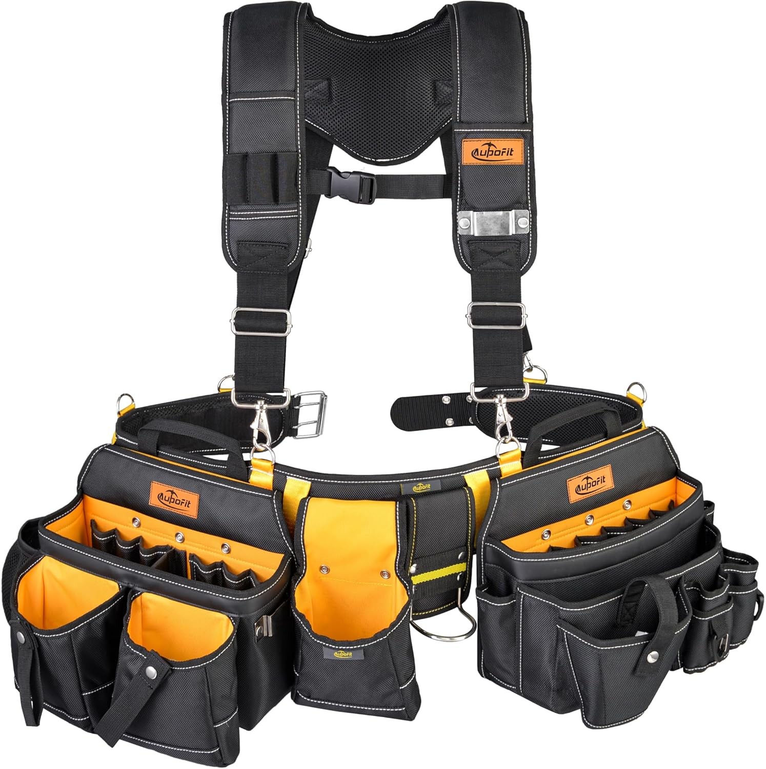 7Pc Tool Belt w/ Suspenders Heavy Duty 32 Pocket Construction Rig Black Yellow