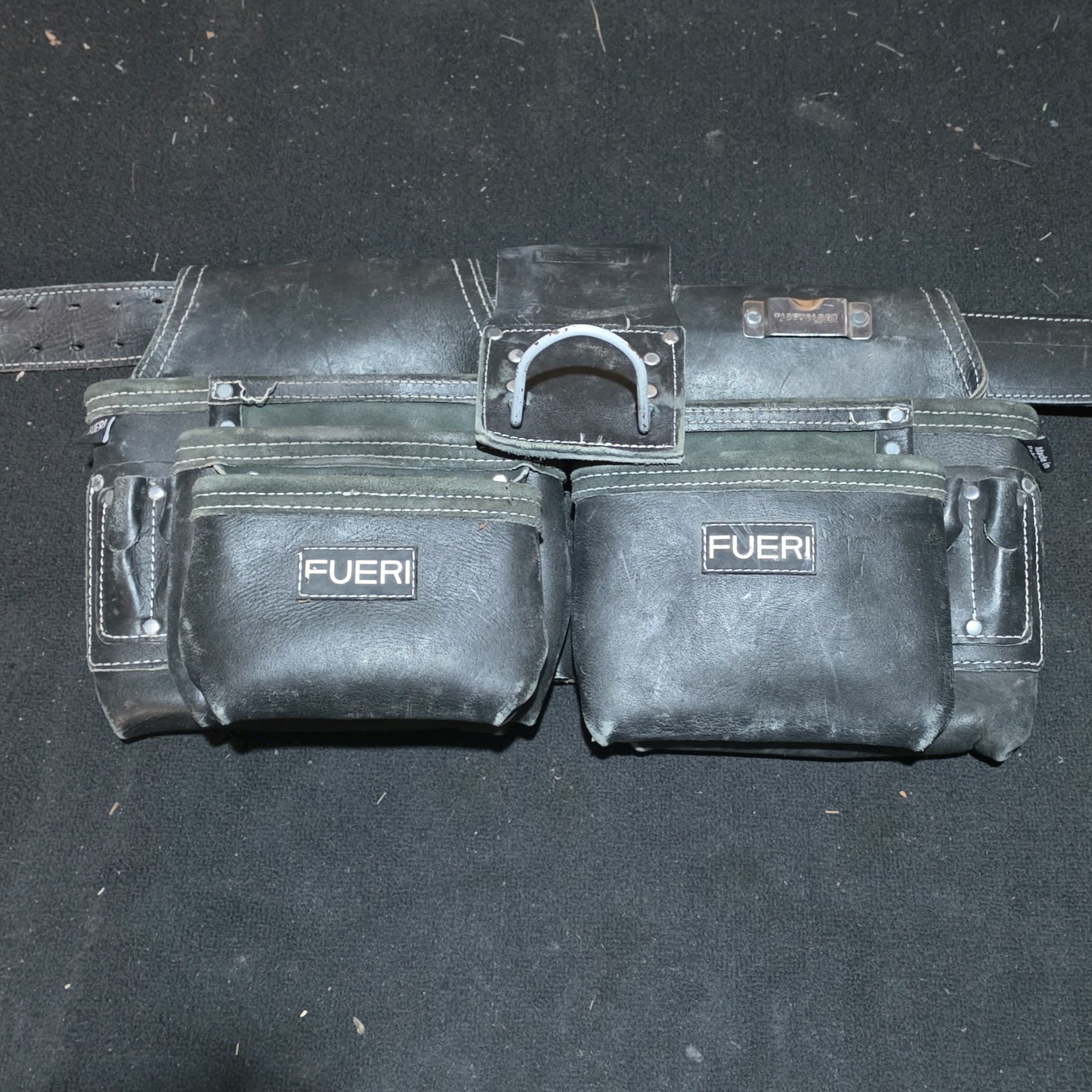 FUERI Blk Leather Riveted Adjustable Tool Belt 2 Pouches 10x7in w/Hammer Loop.