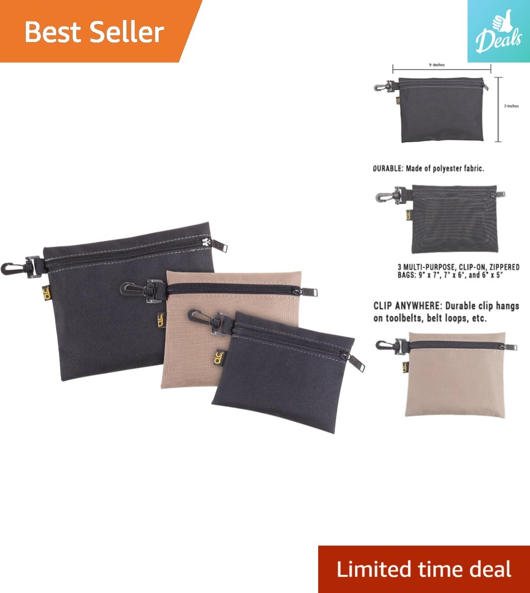 CLC Clip-on Zippered Bags – 3 Durable Polyester Organizers for Easy Access