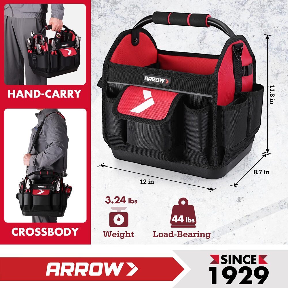 ARROW 12″ Electrician Tool Tote with Waterproof Hard Base with 19 Pockets USA