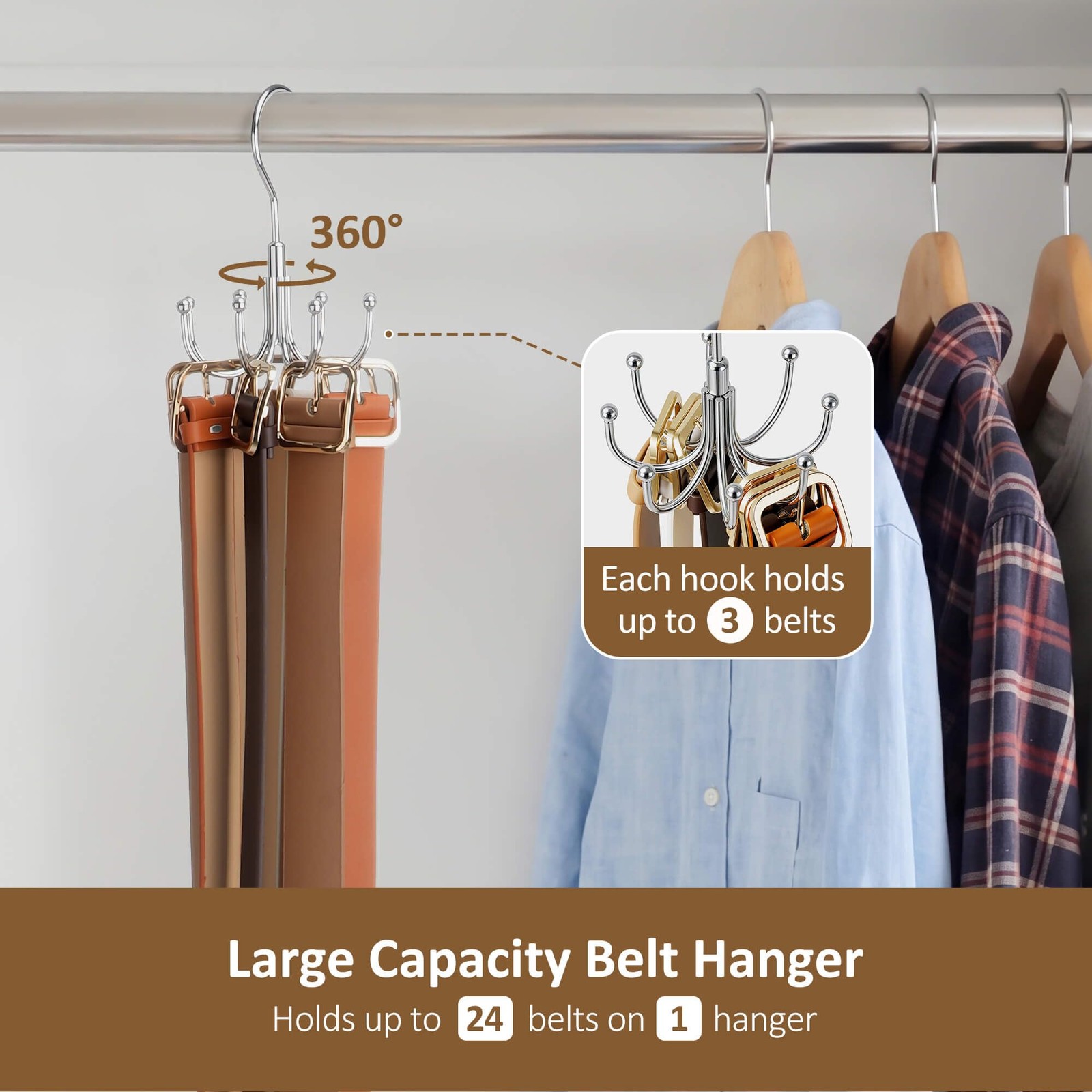 ZEDODIER Belt Organizer for Closet, 1 Pack–Round Hook Hanger, Silver