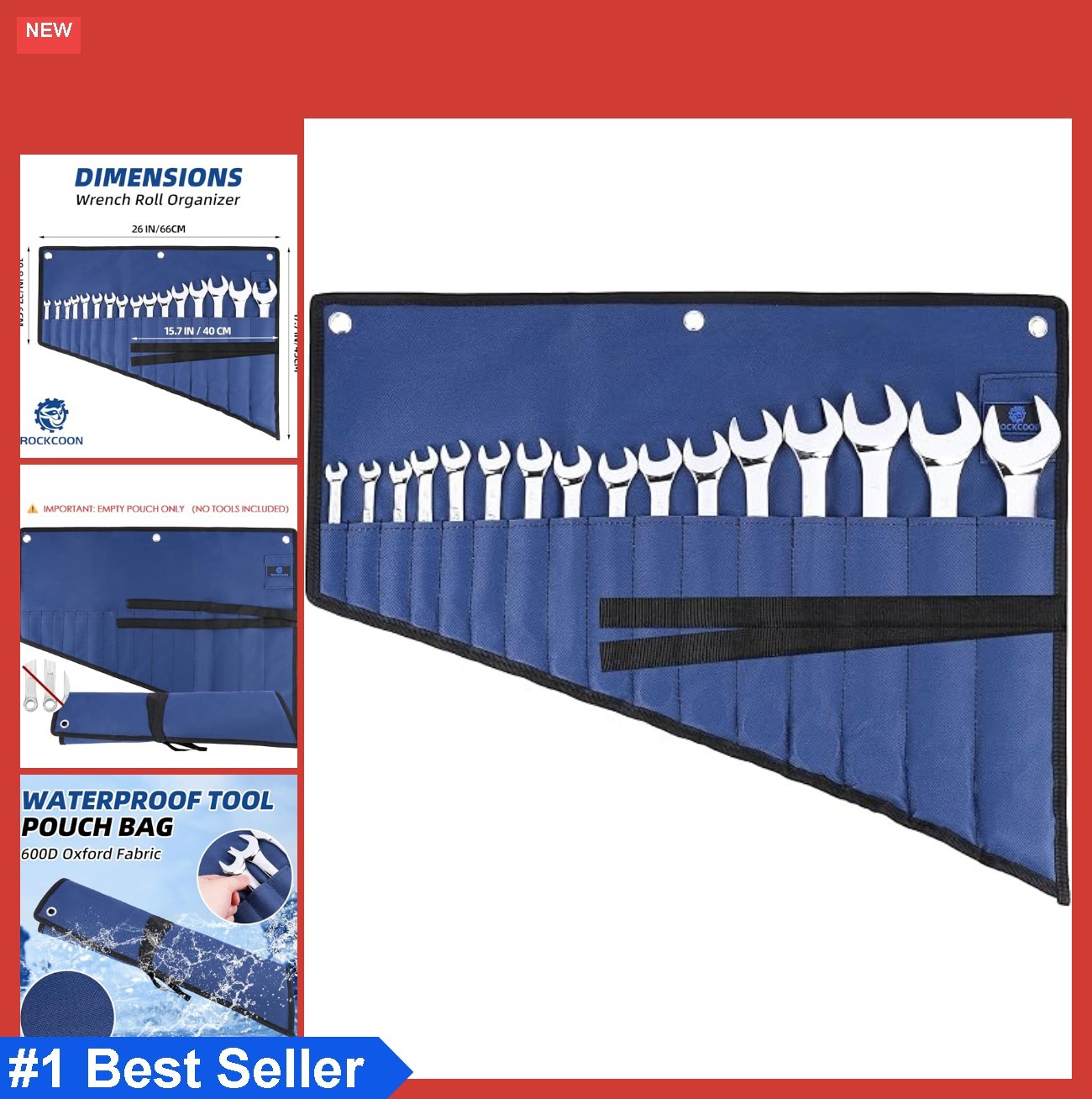 16 Pocket Wrench Roll Organizer 600D Oxford Fabric Waterproof Tool Pouch