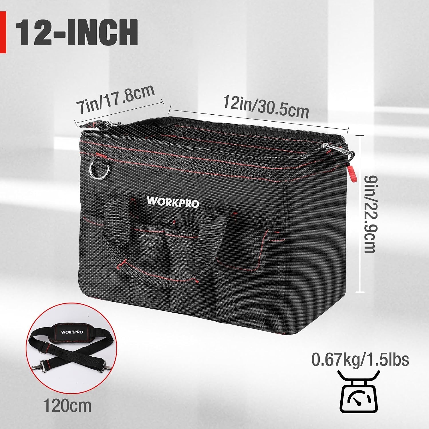Professional 12-Inch Tool Bag: Stylish Black & Red, Water-Repellent Design