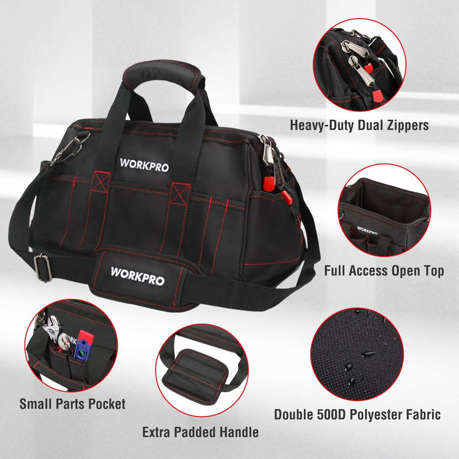 WORKPRO 16-inch Close Top Wide Mouth Tool Storage Bag Water Proof Rubber Base