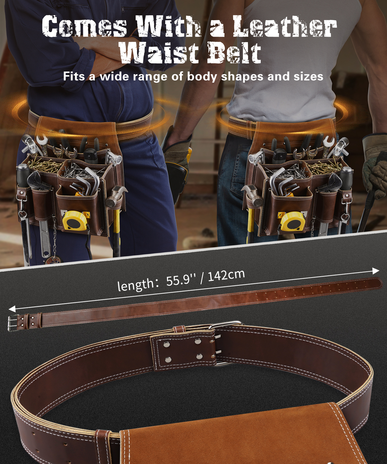 Brown Leather Multi-Pocket Tool Belt Pouch Electrician Work Tool Belt Pouch Bag