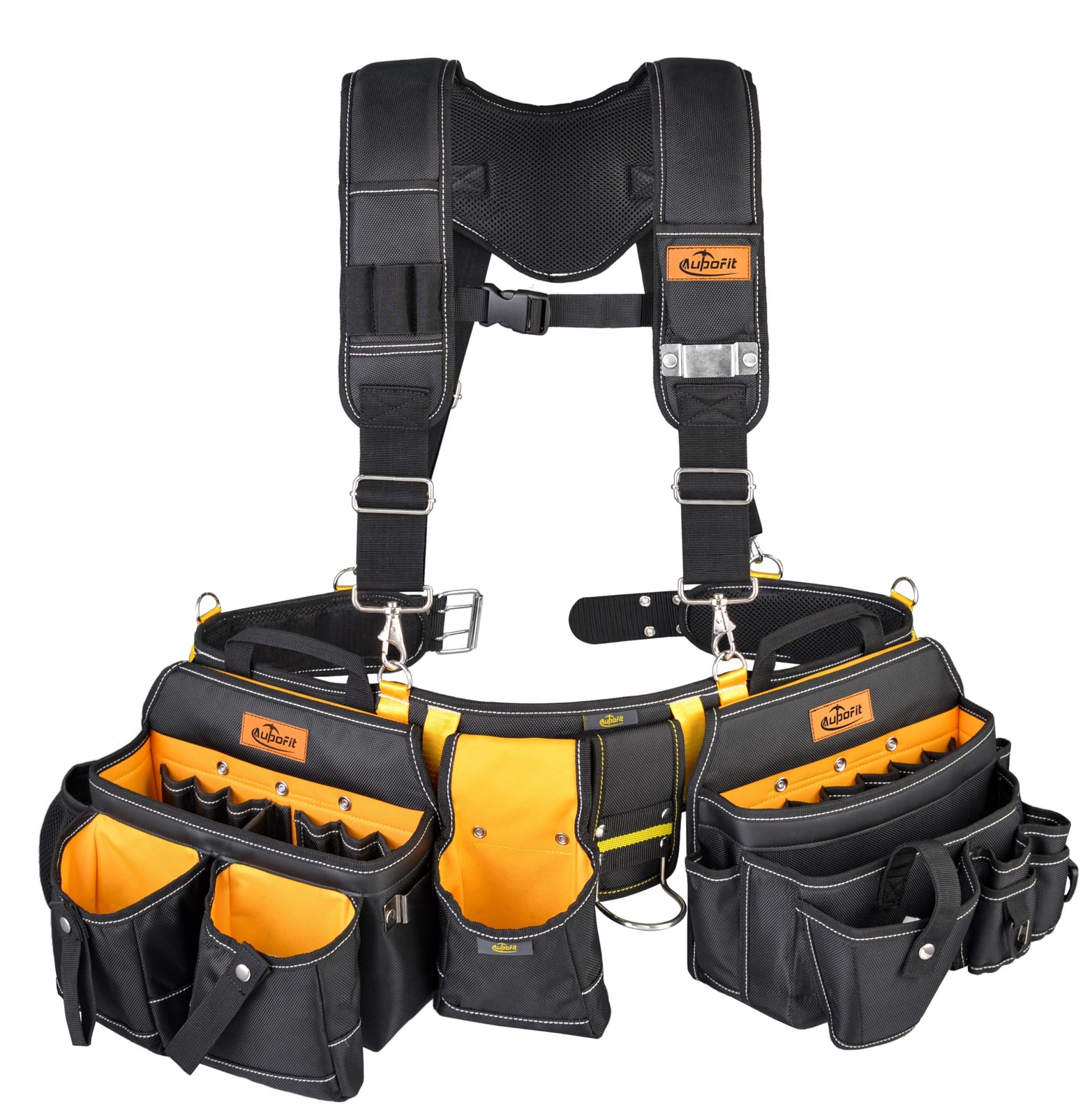 Aupofit 7-Piece Professional Tool Belt Waist Size 36″-49″, Black and Yellow