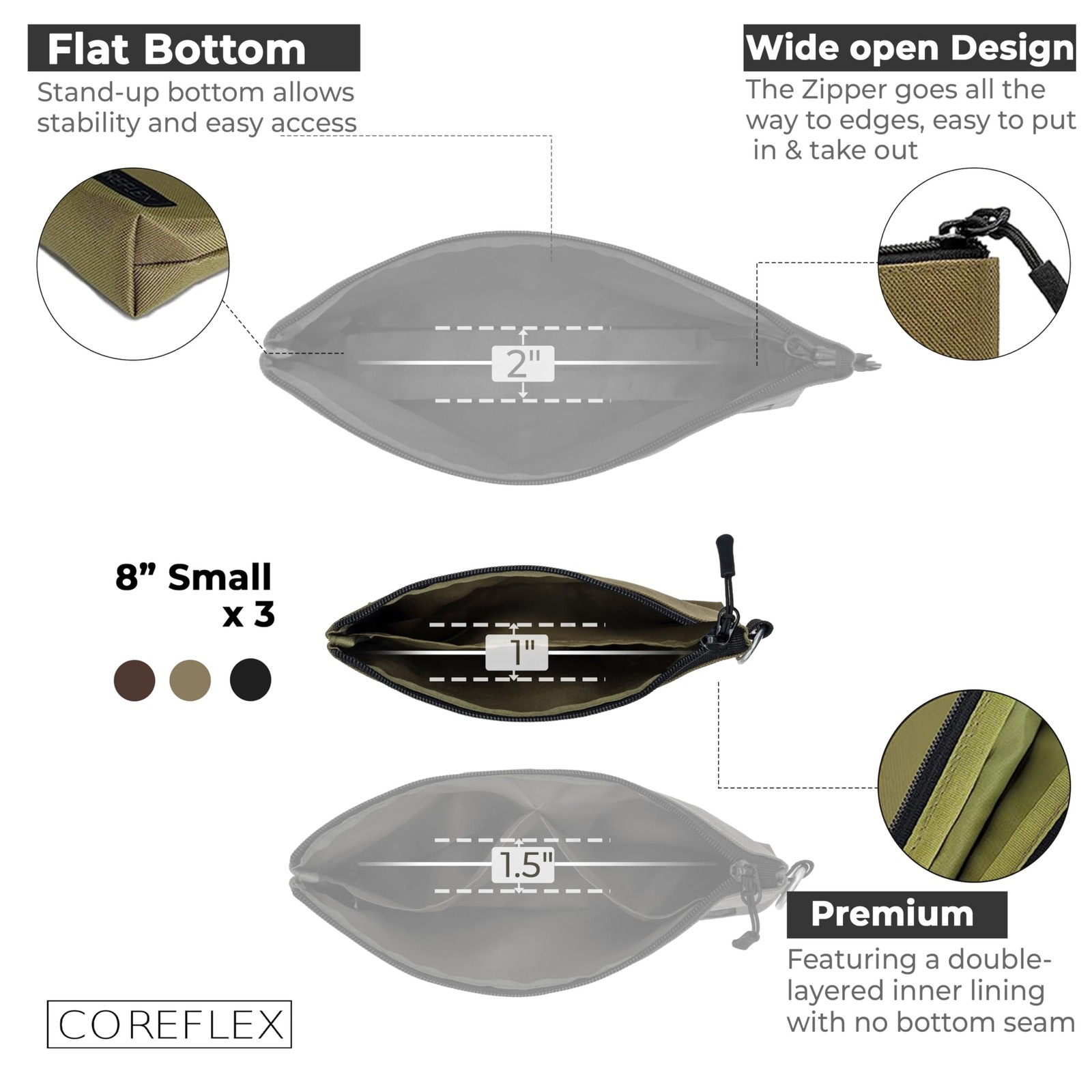 COREFLEX Premium Tool Pouch Zipper Bag, Small 3 pack 8inch Khaki