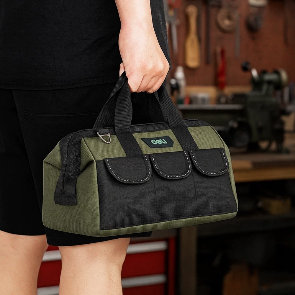 DELI 13 Inch Heavy Duty Contractor Tool Bag with 15 Pockets & Adjustable Strap