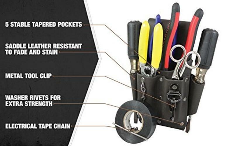 Leather Pouch Heavy Duty Tool 5 Pocket Electrician Carpenters Tool Pouch