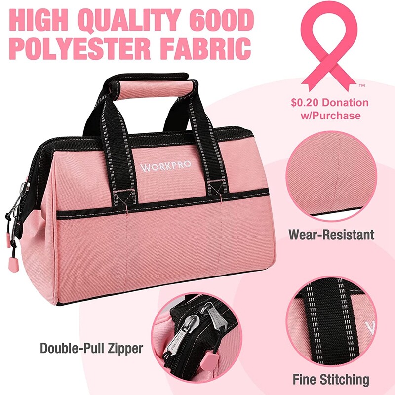 WORKPRO 13-in Tool Bag Pink Soft Cloth Tool Storage Bag Wide Mouth Tool Tote Bag
