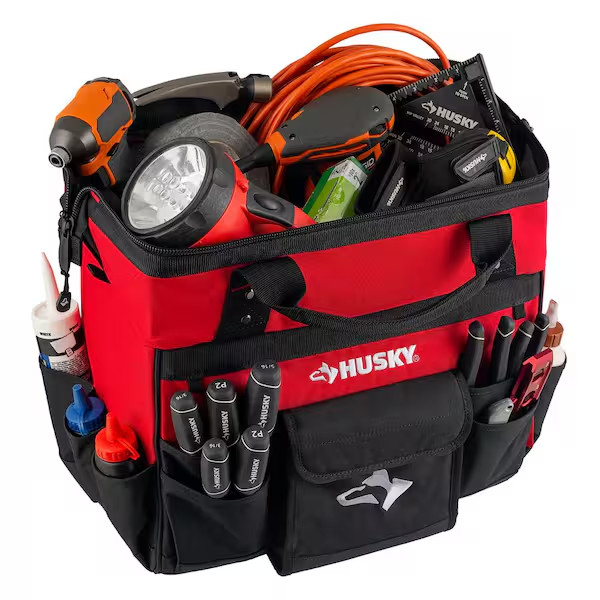 Husky 18in Rolling Tool Bag 18 Pocket Heavy-Duty Telescoping Handle Wheels Red