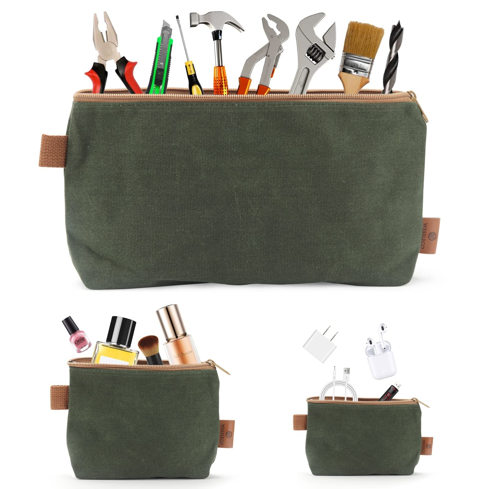 Wessleco Canvas Zipper Pouch, 3 Pack Small Tool Pouch Organizer, Heavy Duty 1…