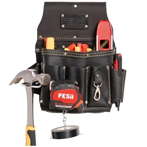13-in-1 Leather Electrician Tool Pouch w/ Hammer Loop, Tape Measure Clip & 6 Poc