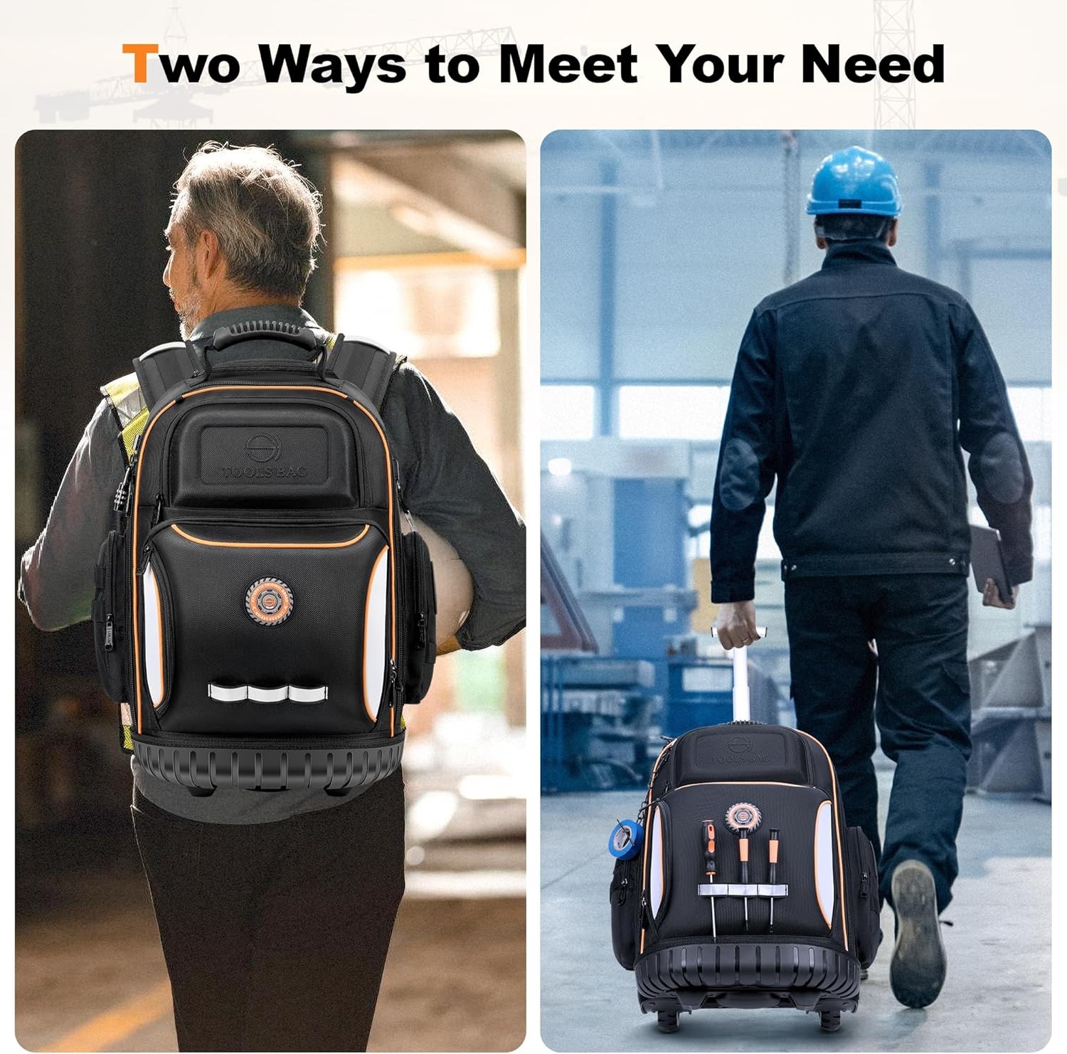 Backpack Tool Bag with Wheel 75 Pockets & Loops Tool Backpack with Molded Base