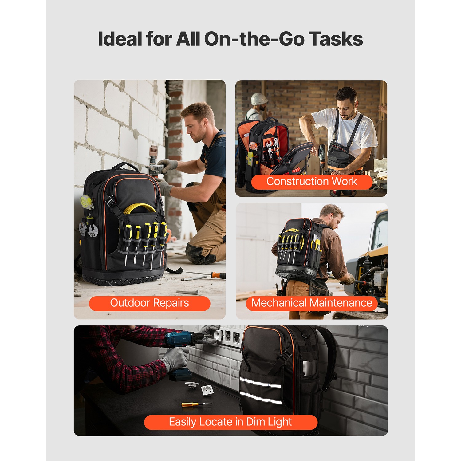 Tool Backpack with Tools 65 Pockets Tear-resistant Jobsite Backpack