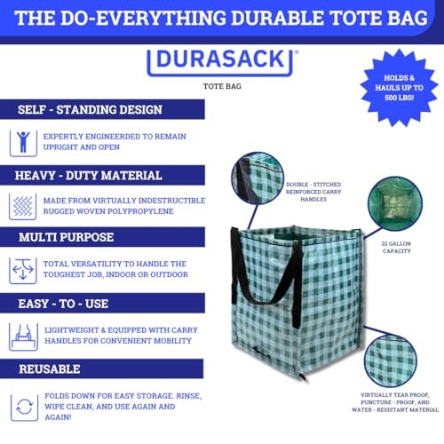 DURASACK REMOVABLE STORAGE TOTE BAG – 22-GALLON POLYPROPYLENE – GINGHAM GREEN