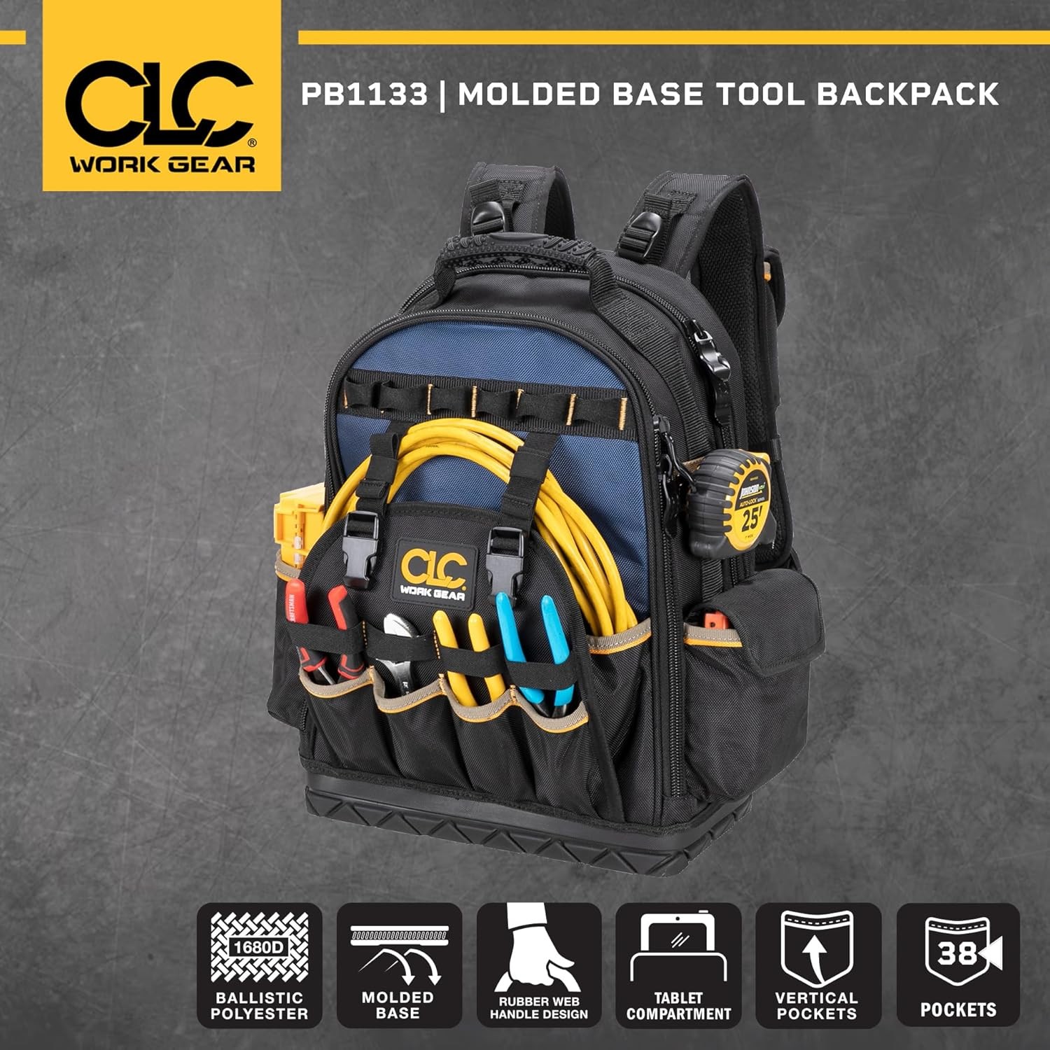CLC Work Gear PB1133 Tool Backpack, 38 Pockets with Molded Base