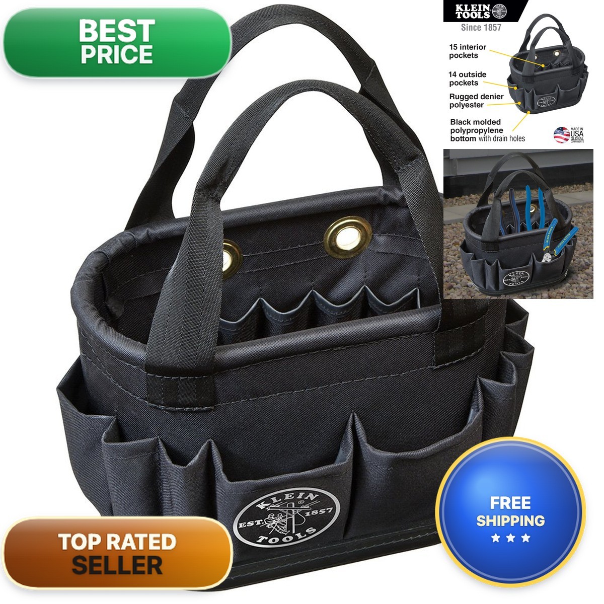 Klein Tools 5144BHB14OS Hard-Body Aerial Oval Tool Bucket 29 Pockets