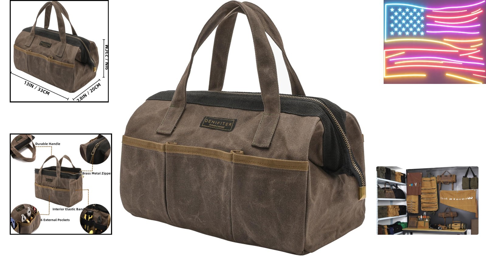 Tool Bag 13in Heavy Duty 16oz Waxed Canvas, Wide Mouth Water-Resistant