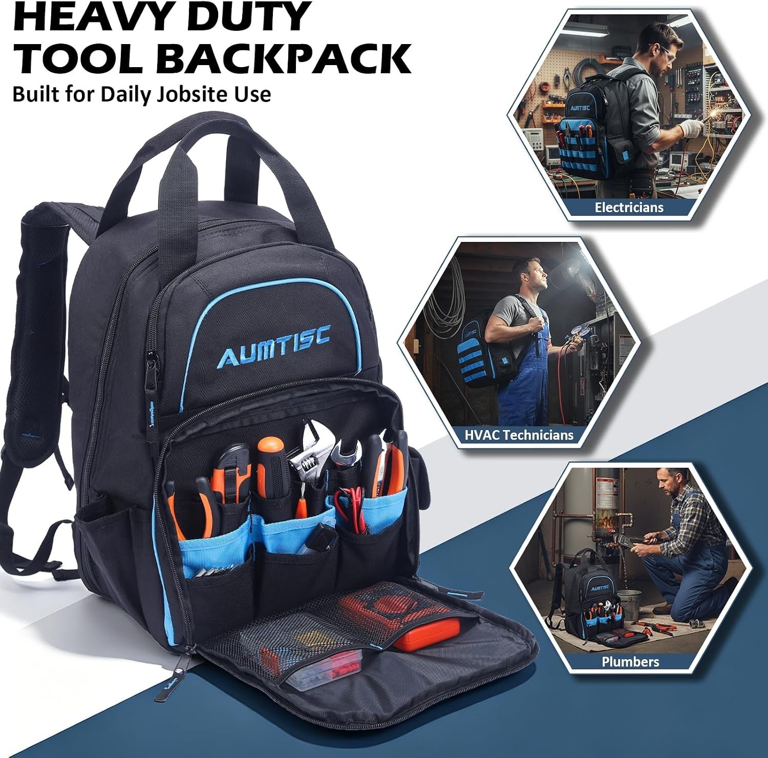 Heavy Duty Tool Bag Backpack with 49 Pockets for Electricians and Technicians