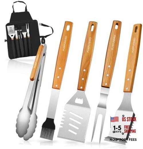 Grill Utensils Set with Brush – 5pcs Grilling Tools Set Wood Handle – 5PCS SET