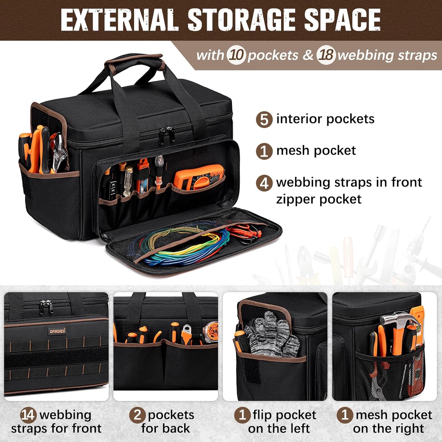 17 Inch Heavy Duty Tool Bags Men Women 20 Pockets Portable Tool Bag W/