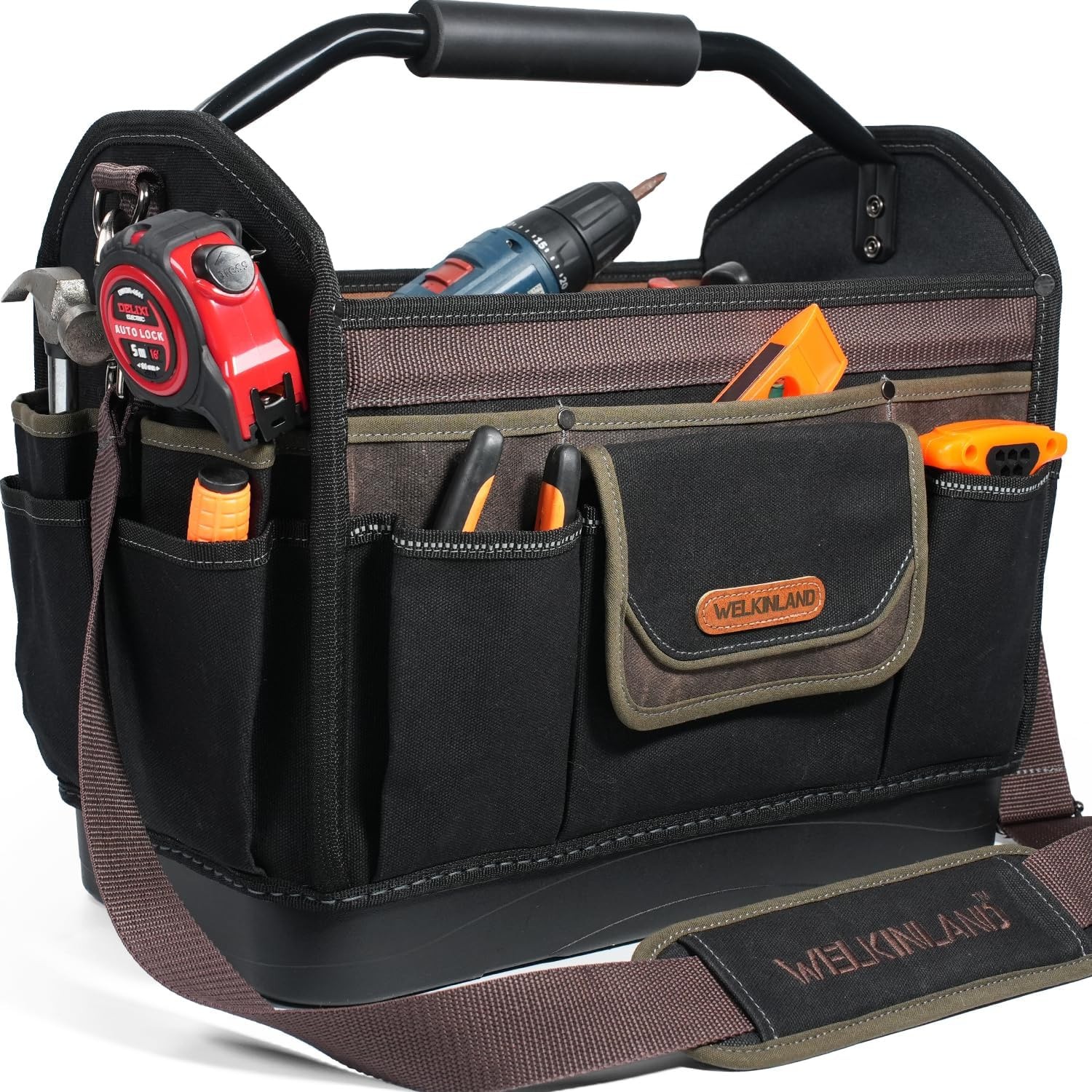WELKINLAND 16” Hard-Bottom Tool Tote,32-Pocket Electrician Tool Tote Bag | H…