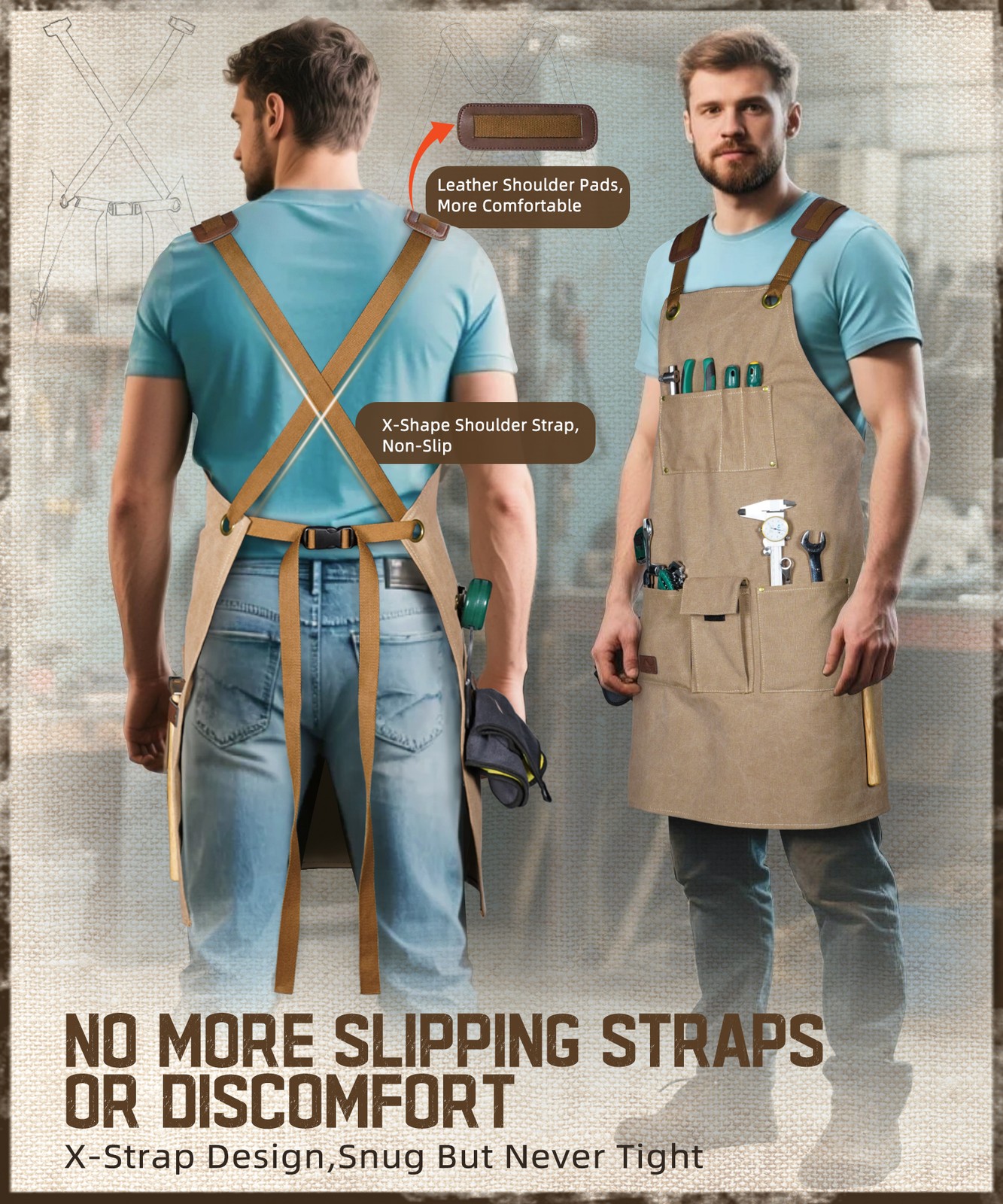 Durable Working Workshop Bib Apron For Carpenter Electrician With 9 Tool Pockets