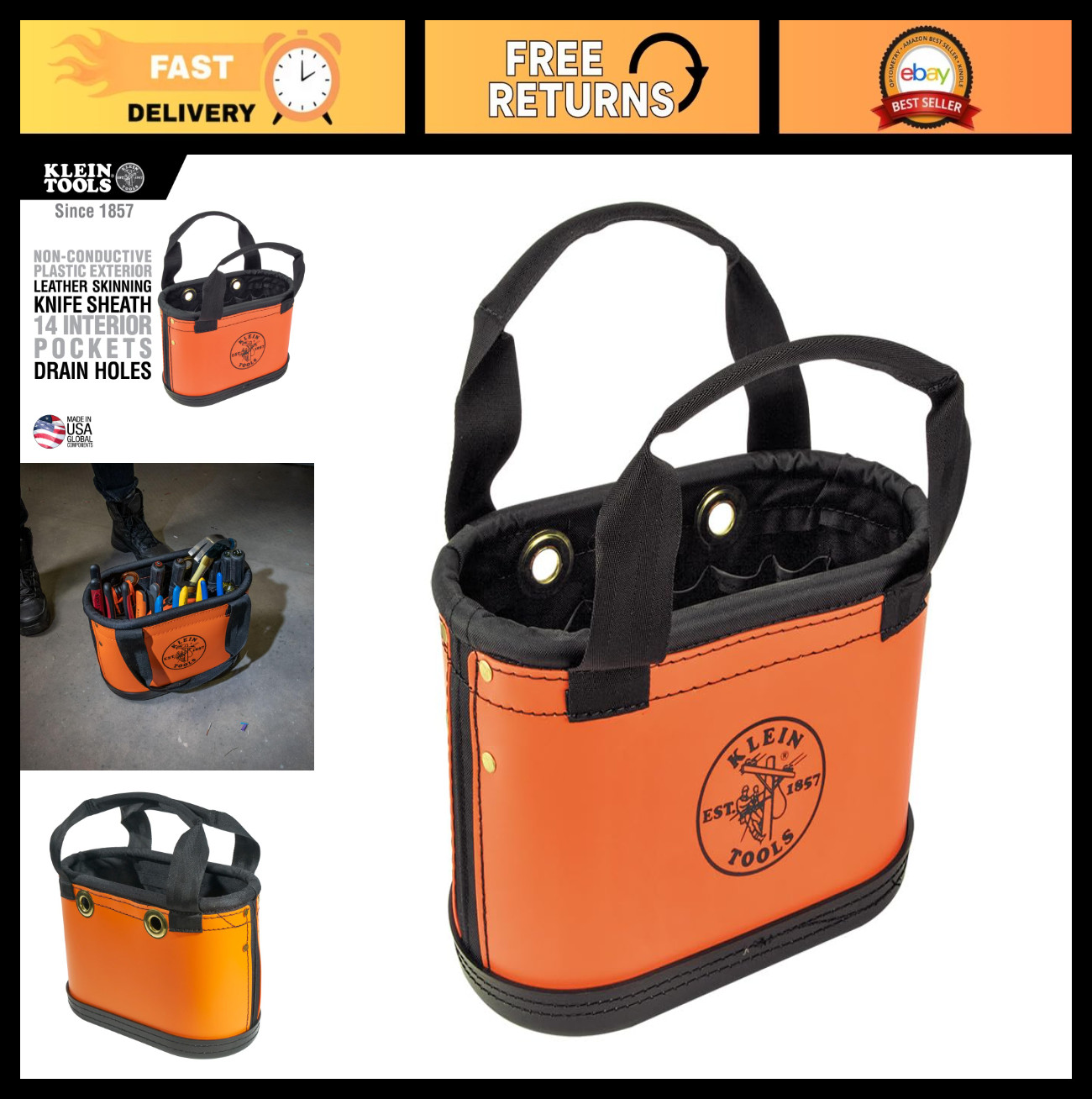 Hard-Body Oval Tool Bucket Organizer with Knife Sheath & 14 Pockets – Orange/Bla