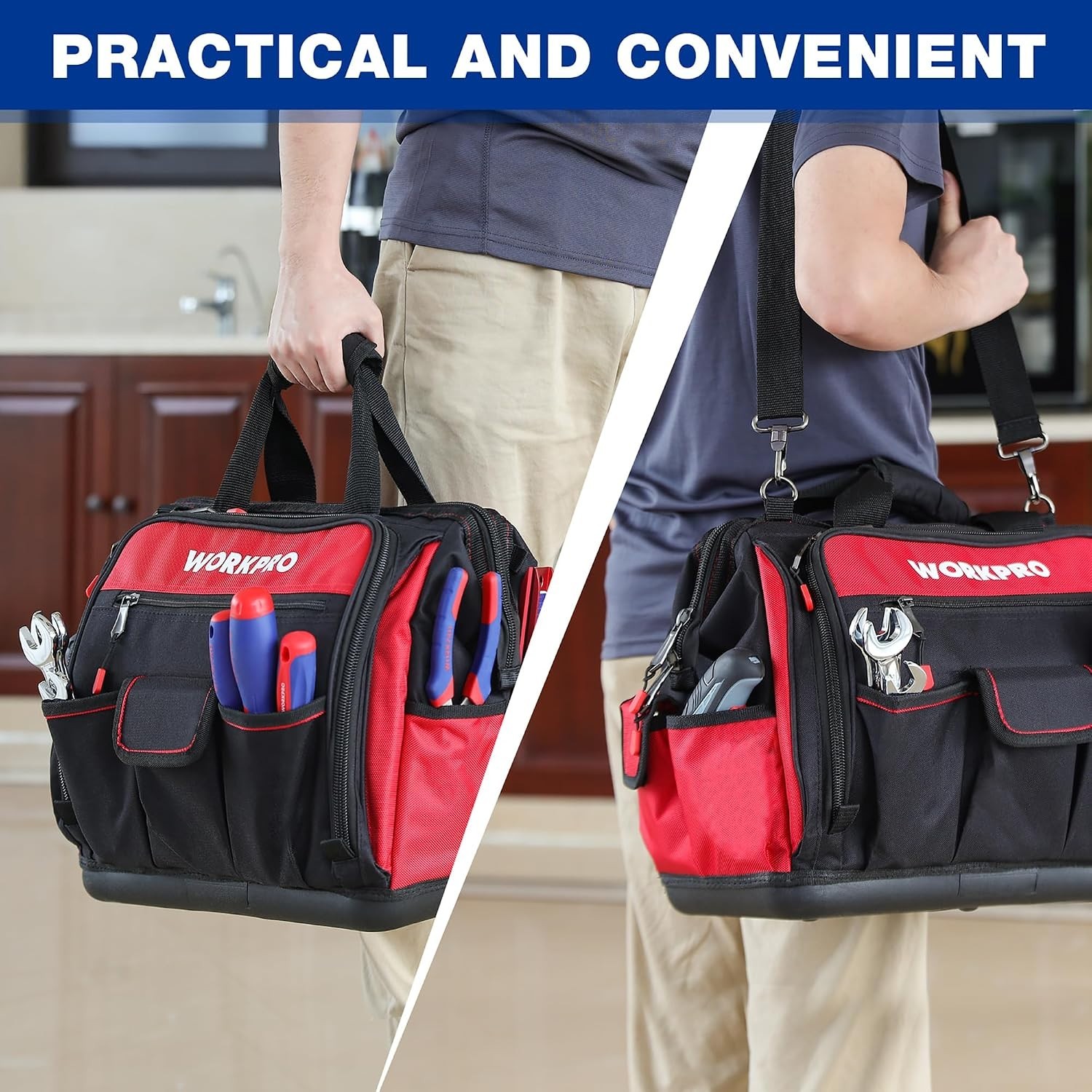 Durable 16″ Tool Storage Bag with Multi-Compartment Design & Waterproof Base
