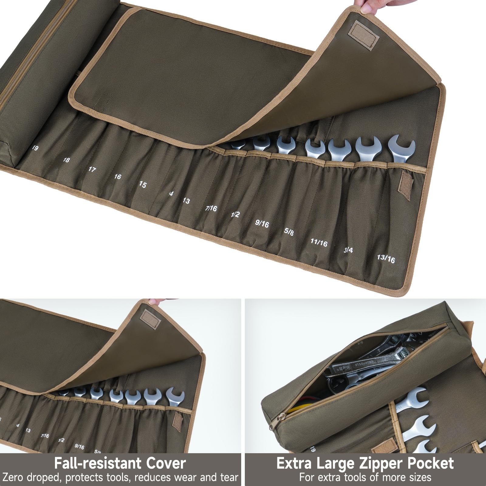 Wrench Roll Organizer,Wrench Up Pouch with 23+1 Olive Green