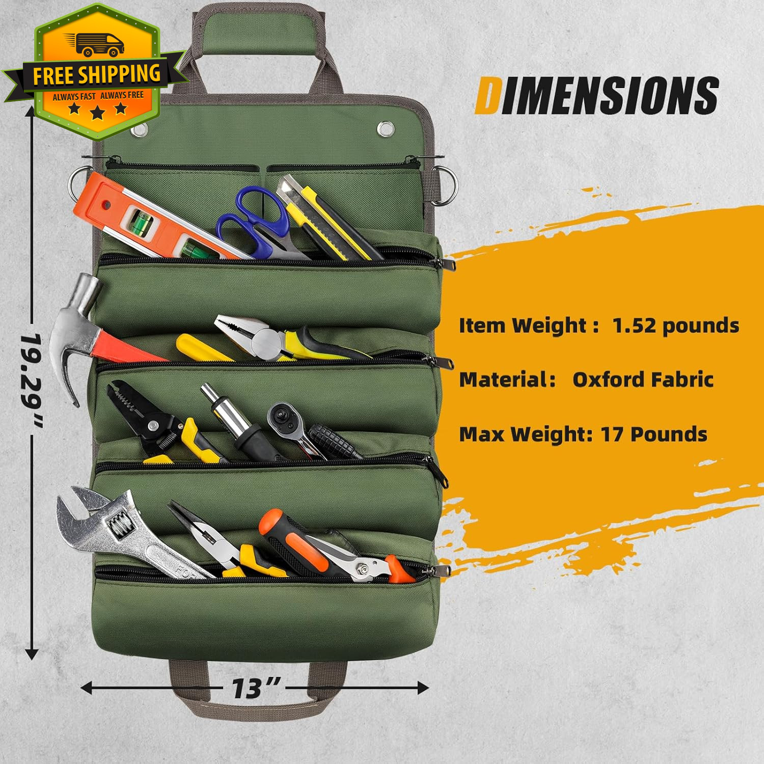 Heavy Duty Roll Up Tool Bag Foldable Tool Organizer w/Pockets Green
