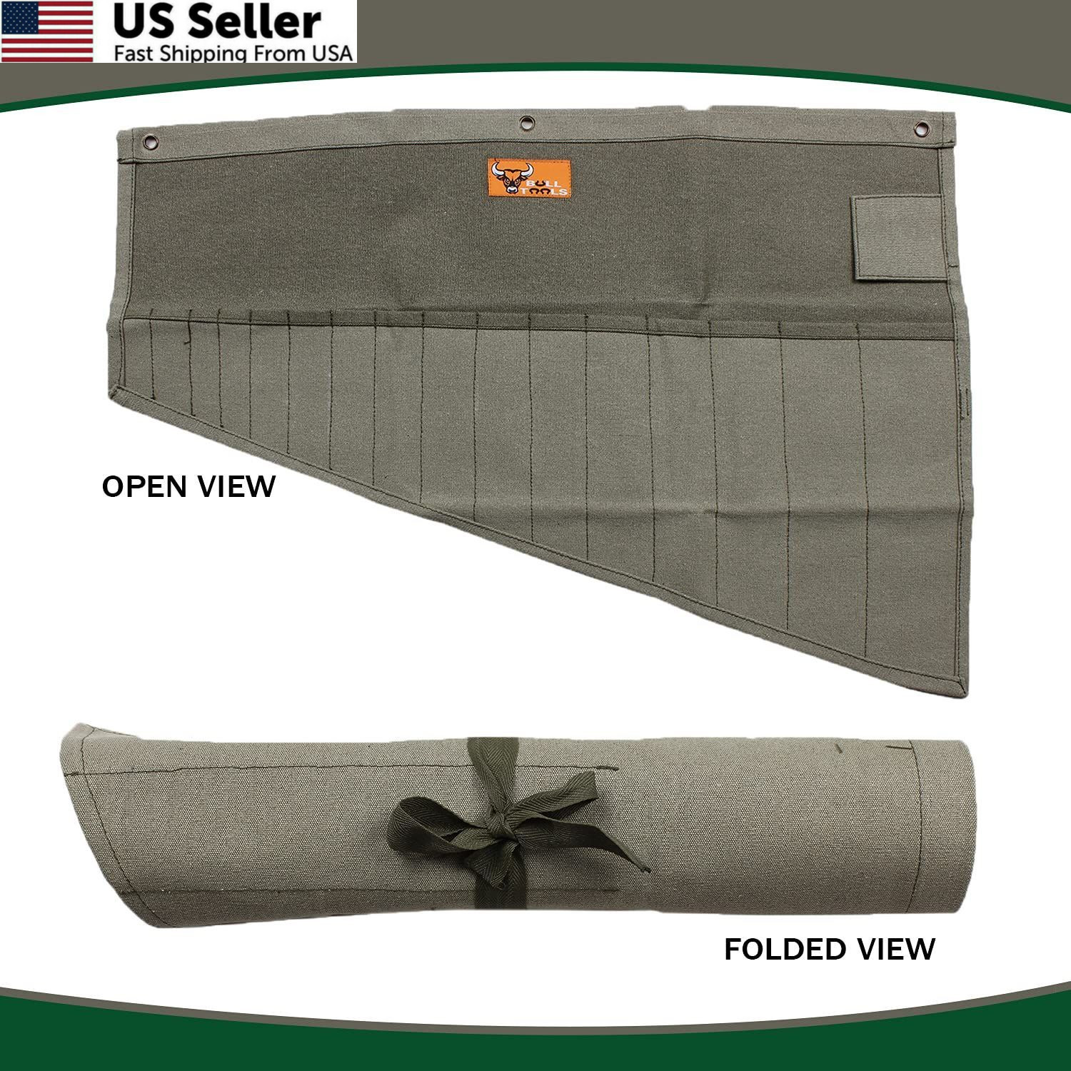 BULL TOOLS Wrench Roll, 16 Pocket Tool Large (16 – PKT), Washed Olive Drab