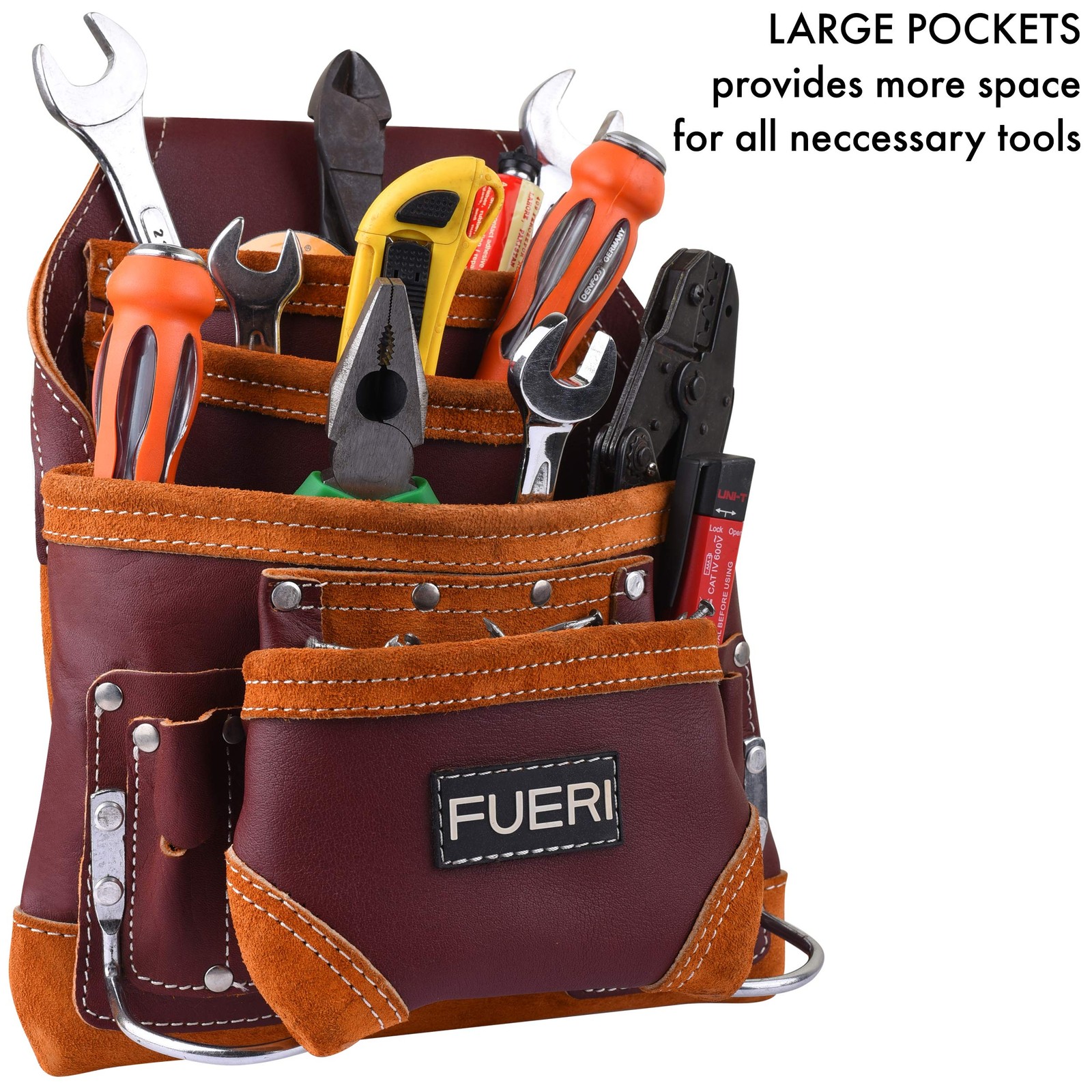 5 Pockets Leather Tool Pouch with Triple Hammer Holders for Men, Maroon Tool …