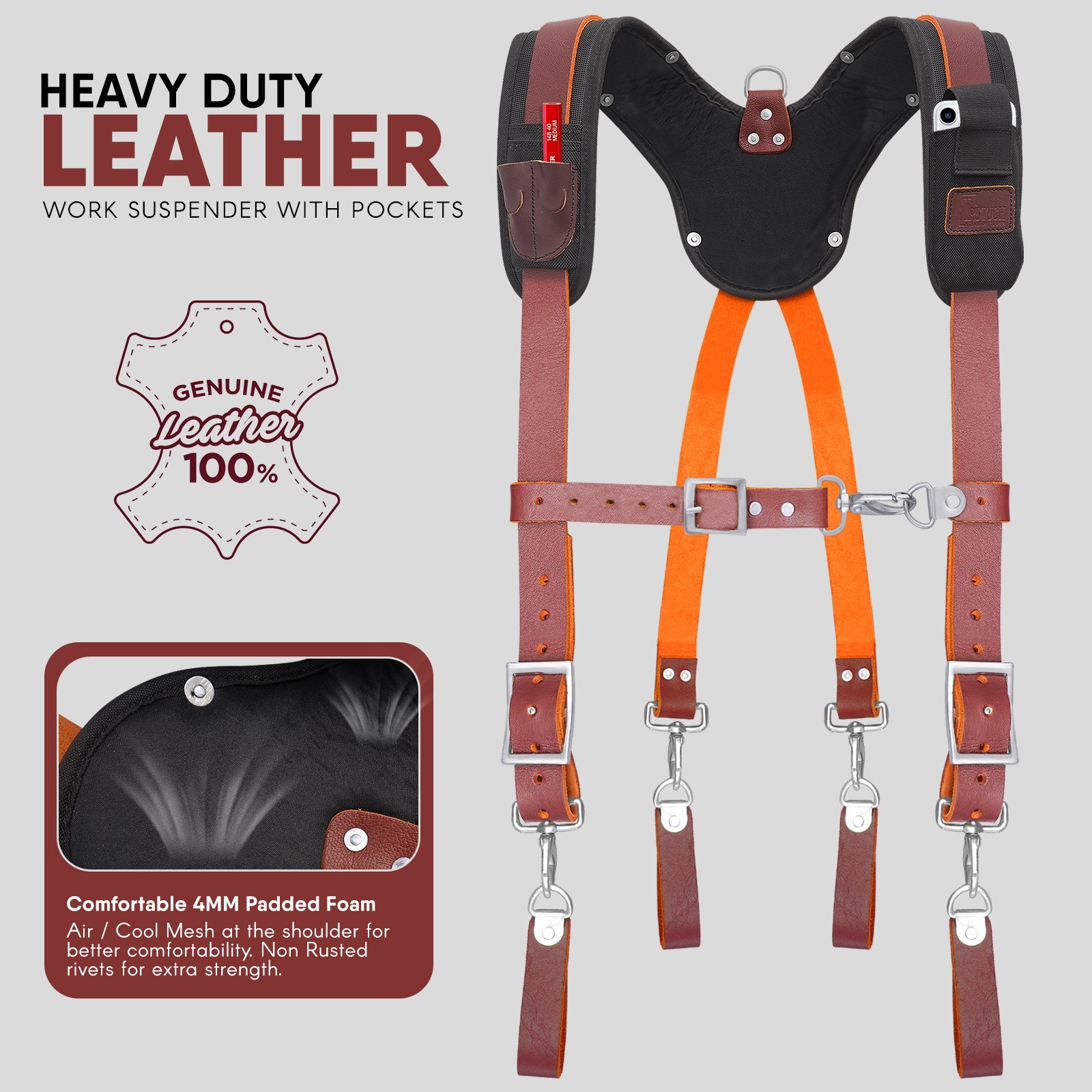 Trutuch Maroon Leather Tool Belt with Suspender | Framers Tool Bag | Tool Belt