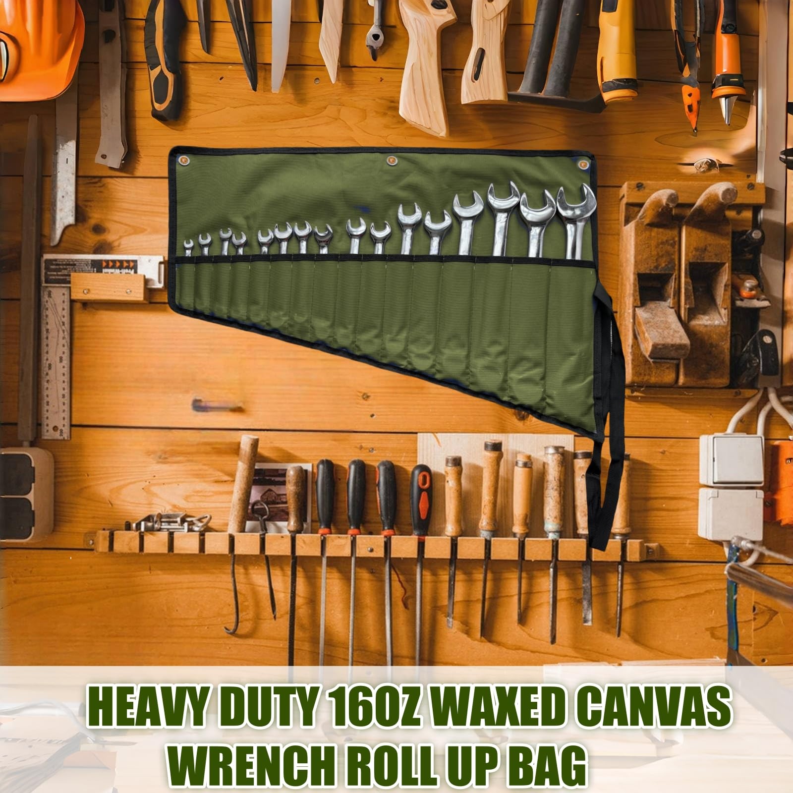 16 Pockets Wrench Roll Up Organizer, Bag and Tool Organizer Bag, Green