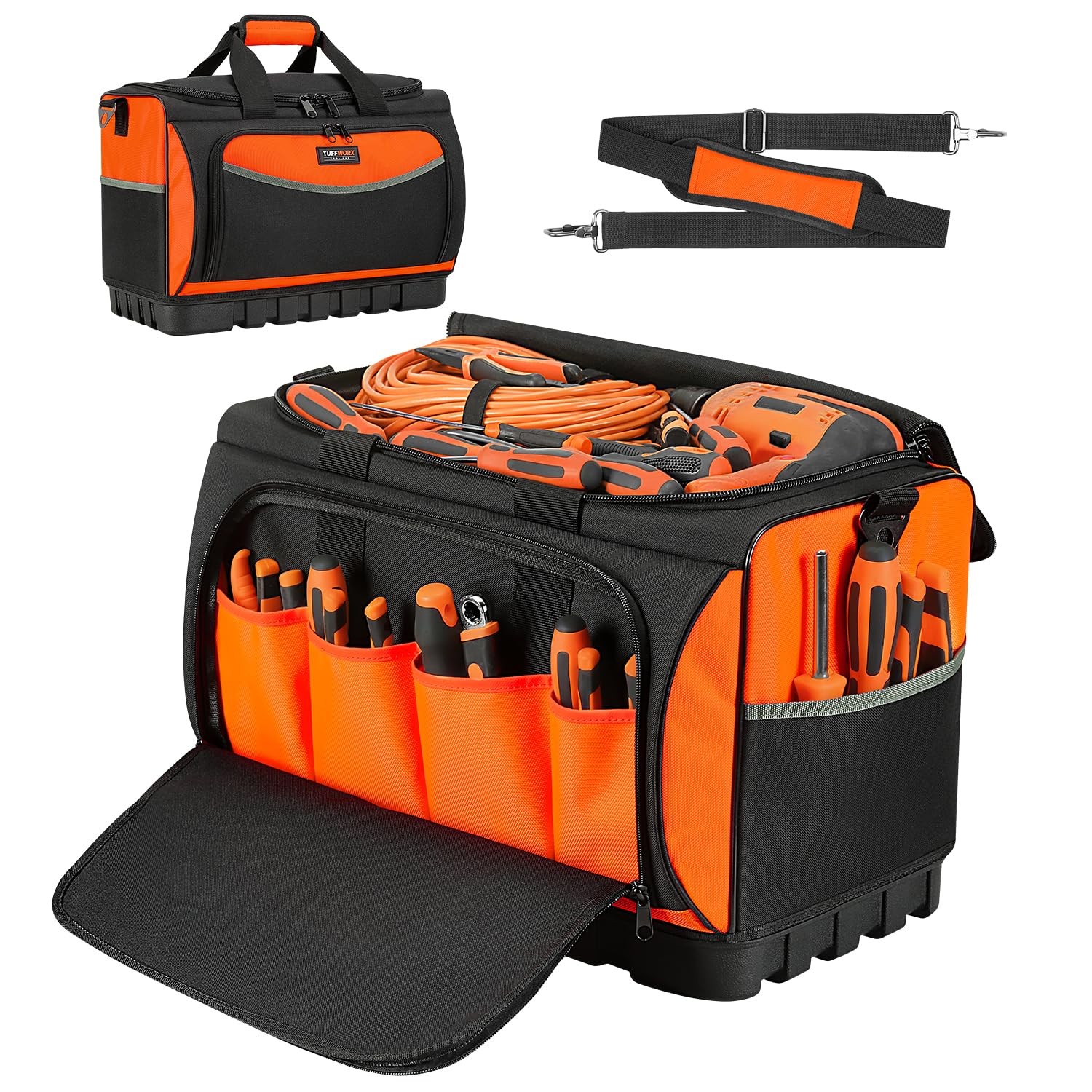 Large Tool Bag 17.7×12.6×11 Inch Waterproof Molded Base 18 Pockets 600D