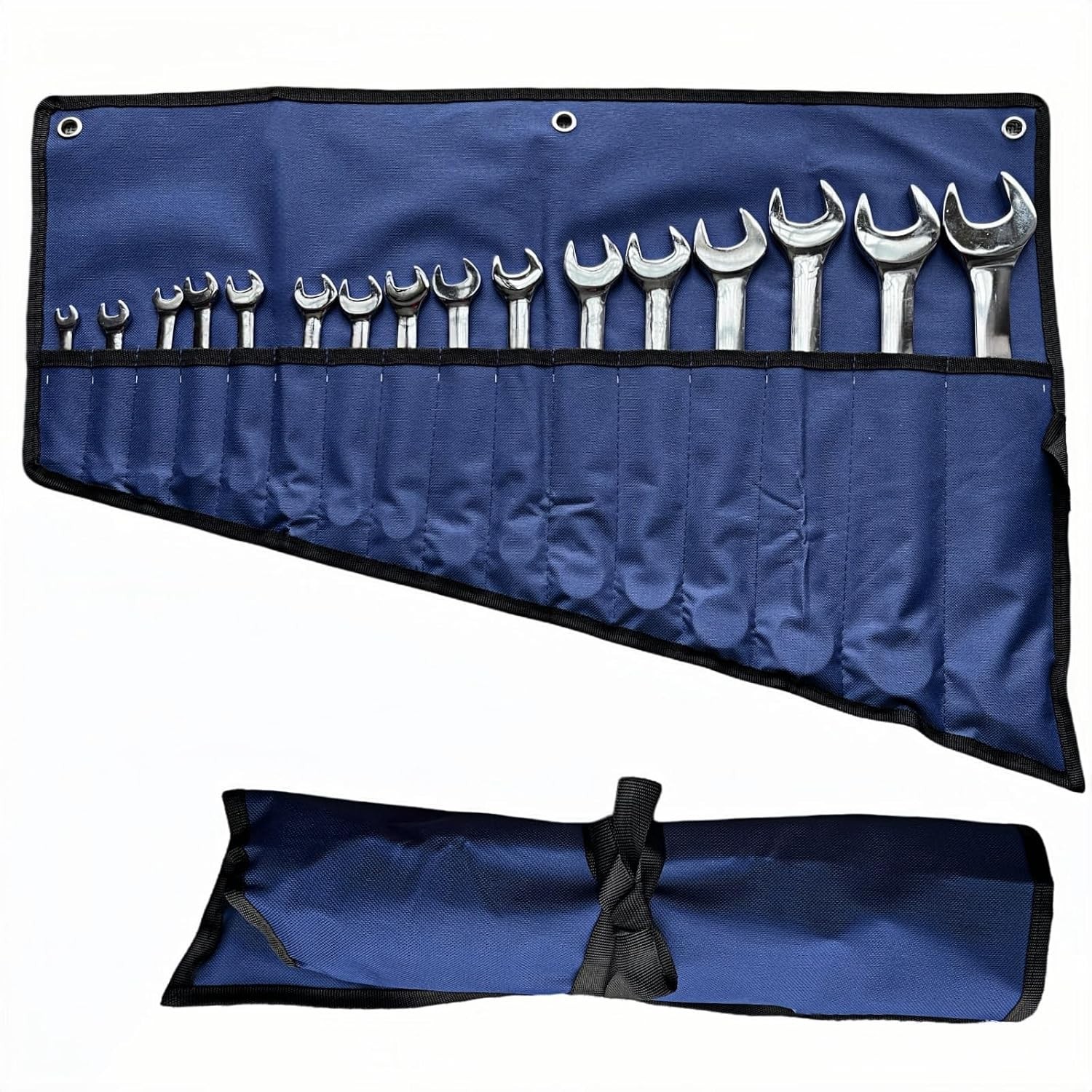 Blue 16 Pockets Wrench Roll Up Pouch Tool Storage Organizer Case with Wrench