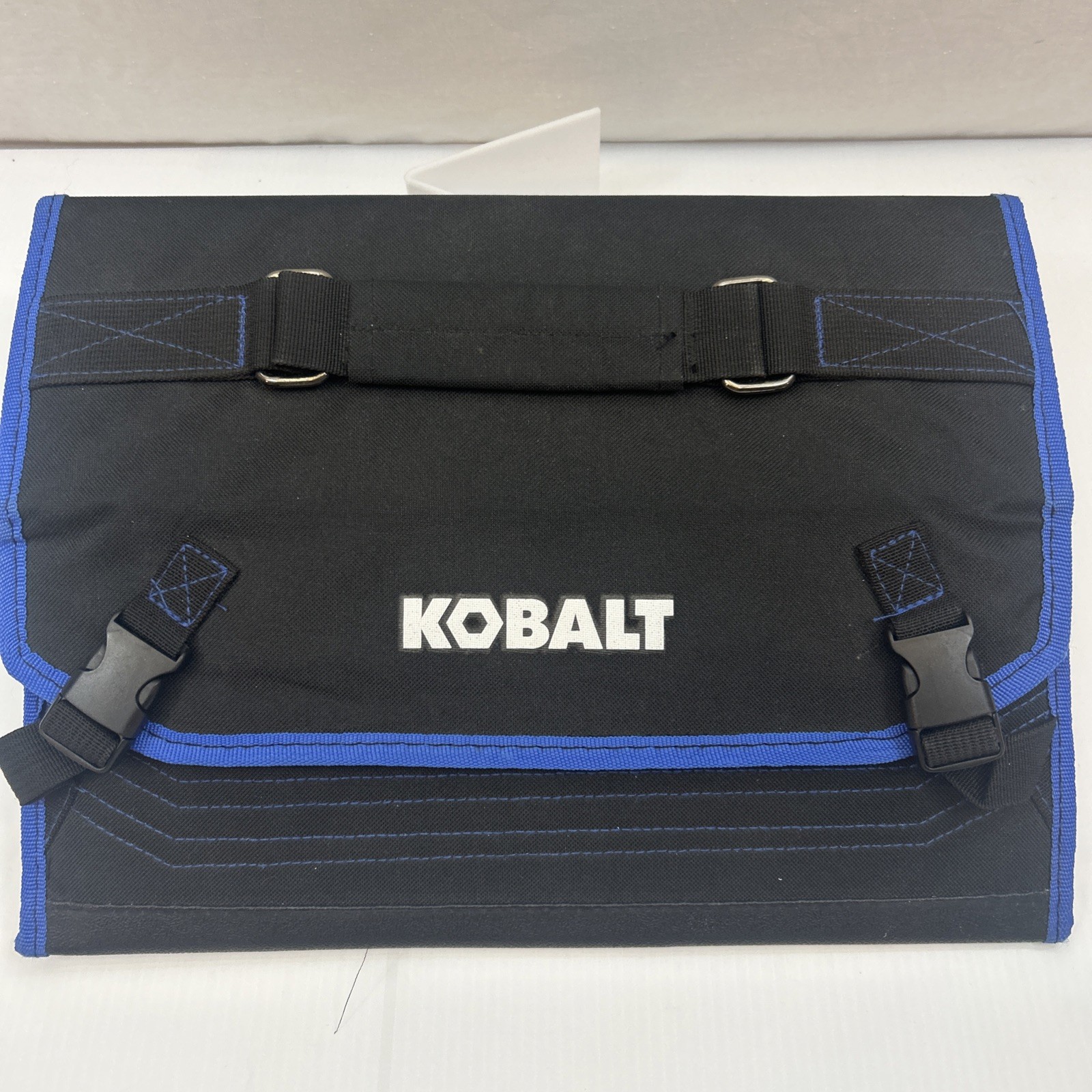 Kobalt Black Blue Fabric Tool Bag with Handle, Buckle, Multiple Pockets