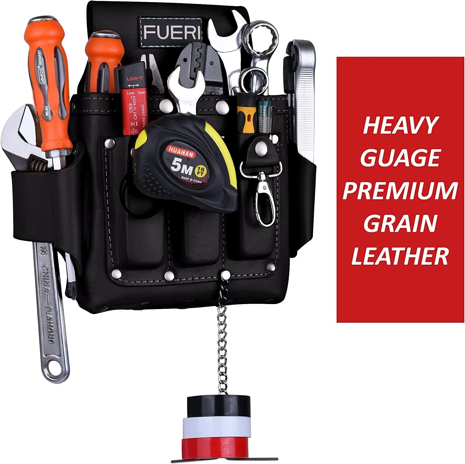 FUERI Premium Grain Leather Work Belt and 4 Pocket Electrician Tool Pouch Tool