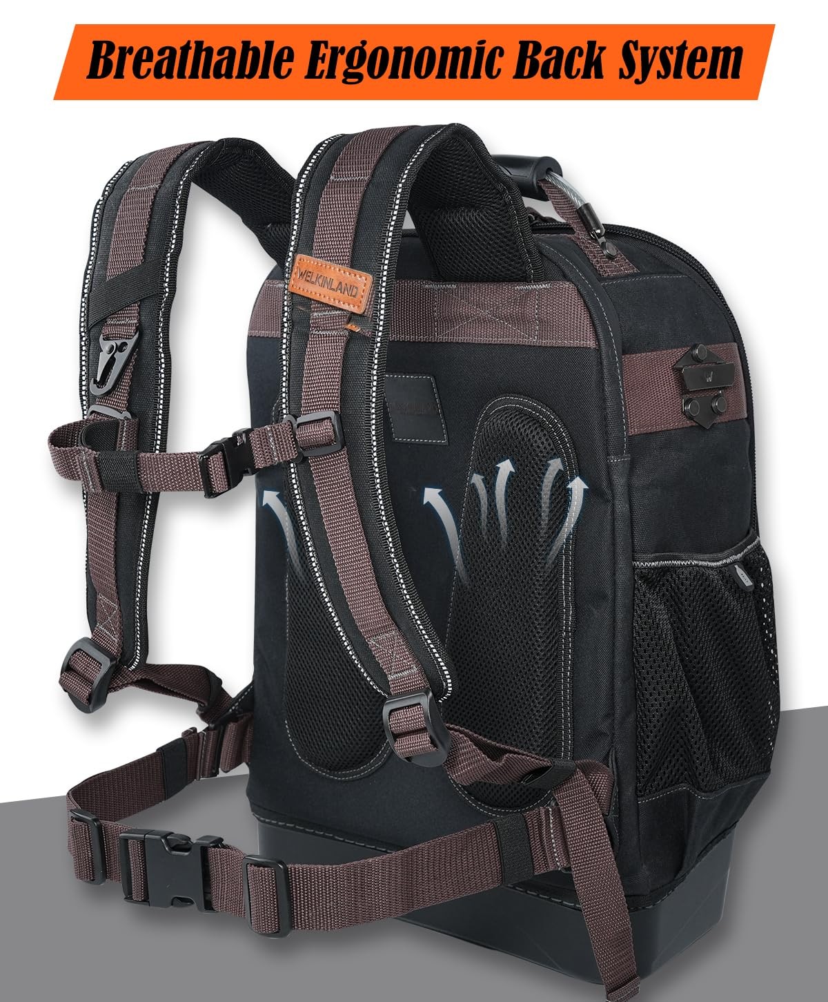 WELKINLAND 76Pockets Tool Backpack, Hard-Bottom Electrician Brown & Black