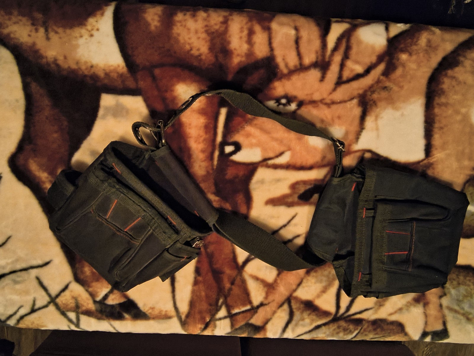 Black Fabric Tool Belt Pouch with Adjustable Strap and Red Stitching