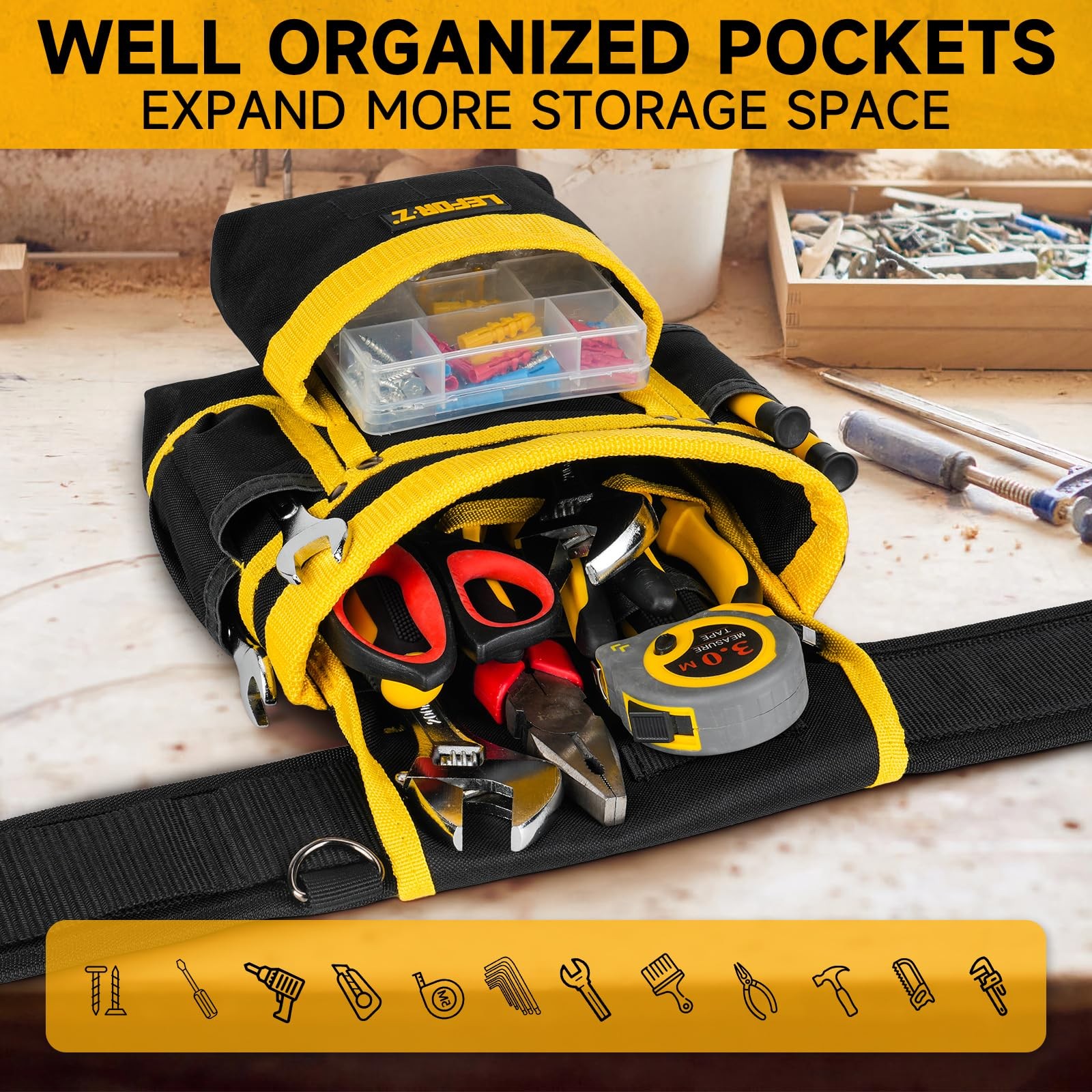 Tool Belt,Magnetic 27 Pockets with Magnet Pouch, Yellow & Black