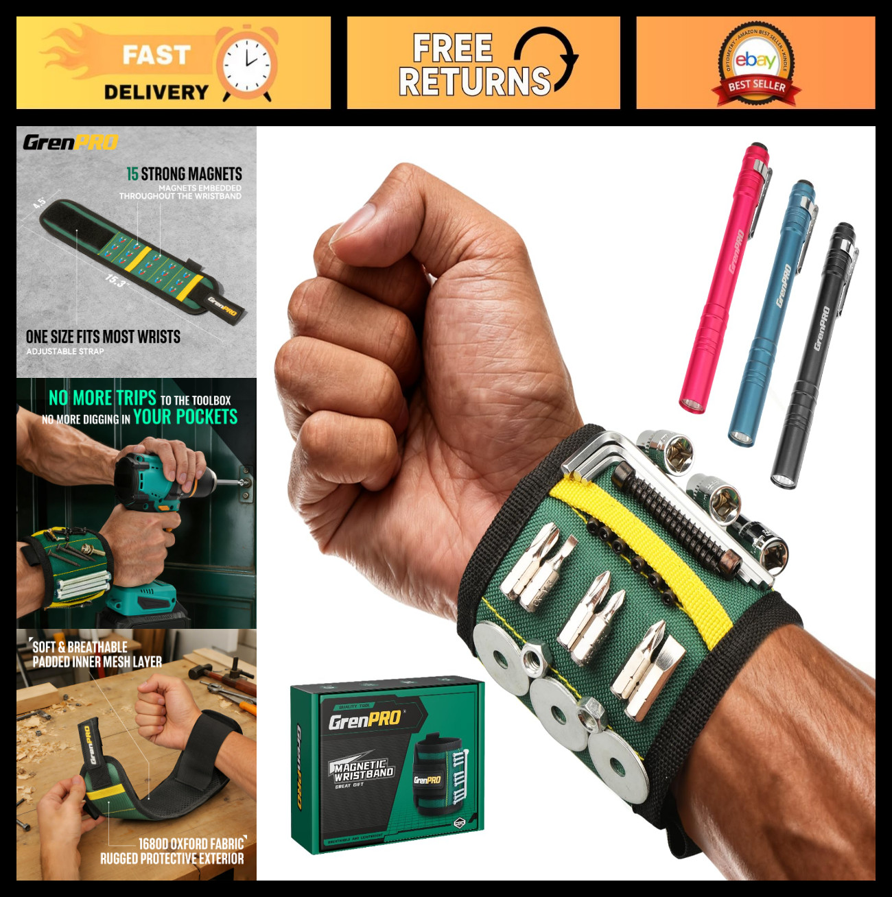 Magnetic Tool Wristband with 3 LED Flashlights, Heavy Duty Oxford Belt, Ideal Gi