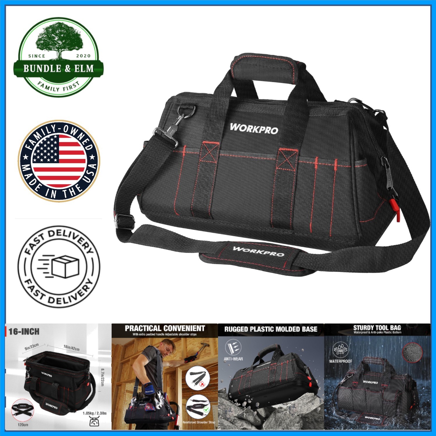 Durable Tool Bag with Multiple Compartments and Adjustable Shoulder Strap