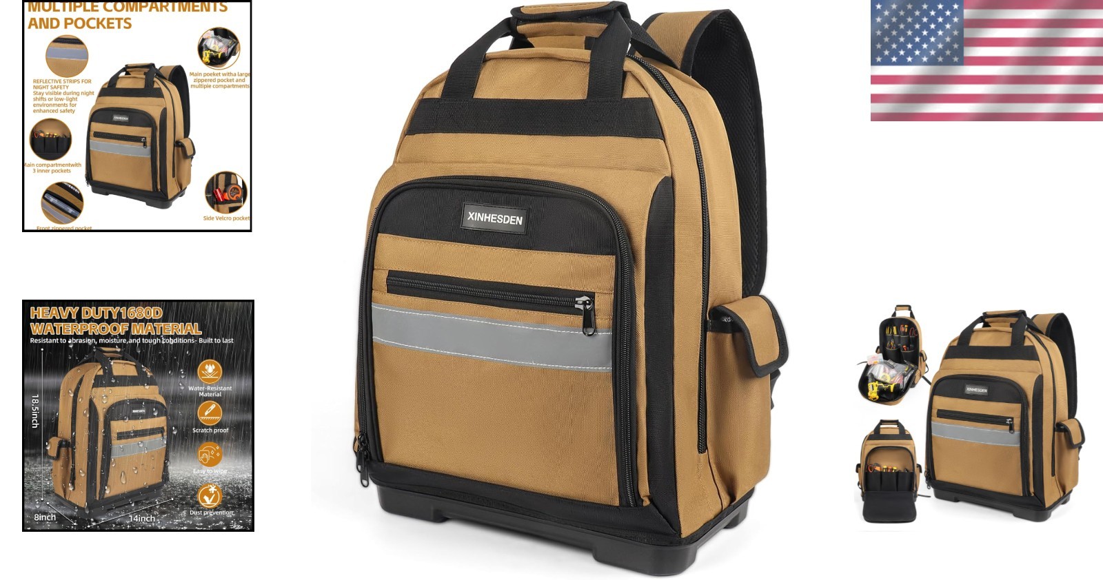 Heavy Duty Tool Backpack with Reflective Strips
