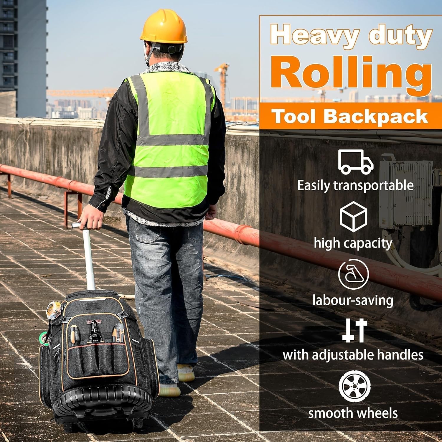 Tool Backpack with Smooth Swivel Wheels and Adjustable Trolley Handle