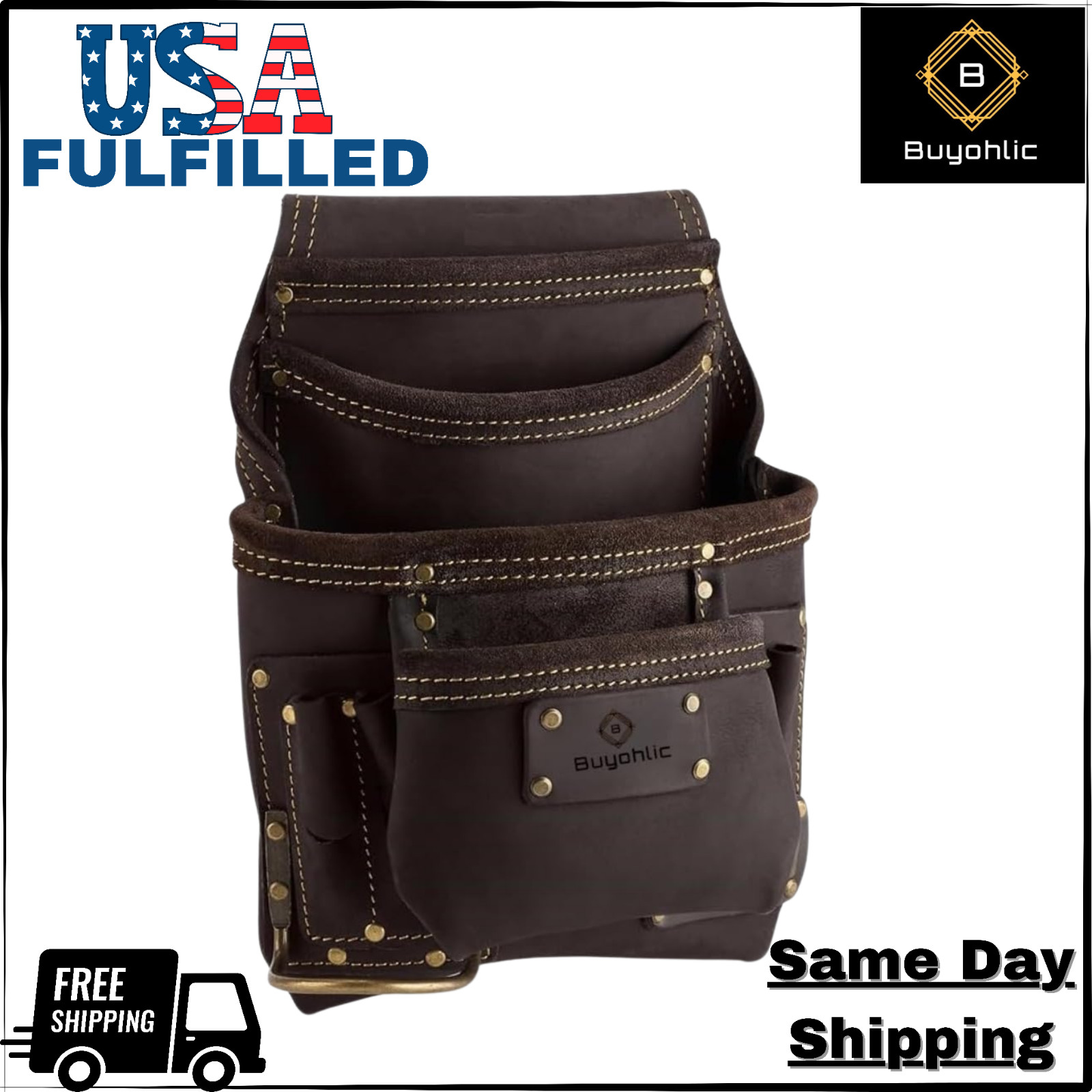 Heavy- Duty Leather Tool Bag for Drywall Contractors, Oil-Tanned Belt Pouch-USA